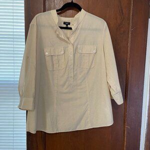 Talbots Ivory Metallic Cotton Popover Shirt | Roll Tab Sleeves | 16W
